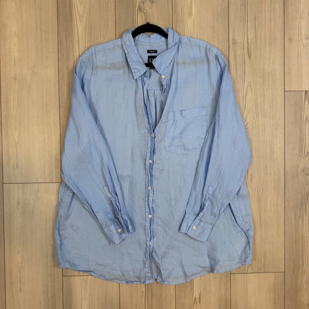 Gap Boyfriend Shirt 100% Linen Wind Blue Long Sleeve Button Down XL 549356